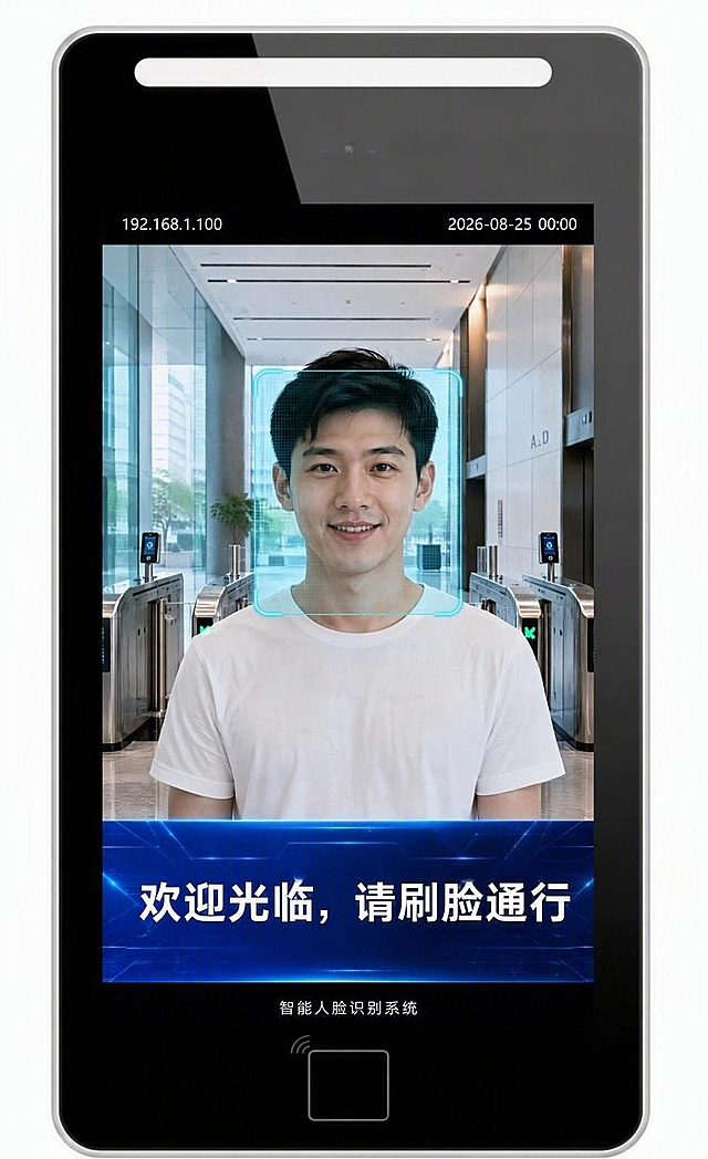 将图1设备屏幕内的UI界面完整替换为图2的人脸识别界面内容，保持图1屏幕区域的原始比例和覆盖范围完全一致，屏幕内画面不变形、协调自然。将图2右上角的时间修改为2026-08-25 00:00，左上角IP地址192.168.1.100保留，底部'欢迎光临，请刷脸通行'文字和'智能人脸识别系统'文字保留，蓝色科技风格保持不变。设备外观、边框、底部指纹识别区域均保持图1原样不变。