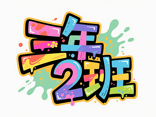 文案“三年2班”。彩色涂鸦文字，力量感，街头涂鸦风格，白底