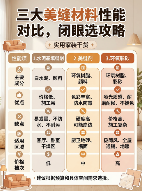 小红书家装科普海报，3:4竖版，风格简洁清晰，暖色系家居感配色，标题大字醒目："三大美缝材料性能对比，闭眼选攻略"，下方是清晰的对比表格，内容包含水泥基填缝剂、美缝剂、环氧彩砂的成分、优缺点、适用区域预览效果