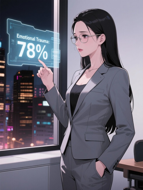 Portrait of Shen Zhiyi, a 29-year-old cold and elegant woman in a sharp gray pantsuit, standing in a预览效果