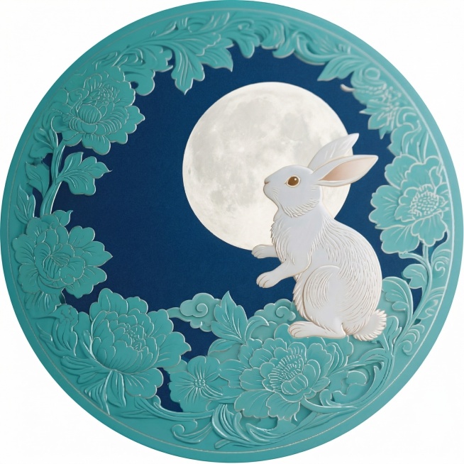 参考图片的国潮浮雕风格，生成完整的圆形图案，深蓝色背景，圆形边缘是青色浮雕牡丹花卉纹样，内部有白色玉兔、满月，保留中式典雅的质感，去除多余元素预览效果