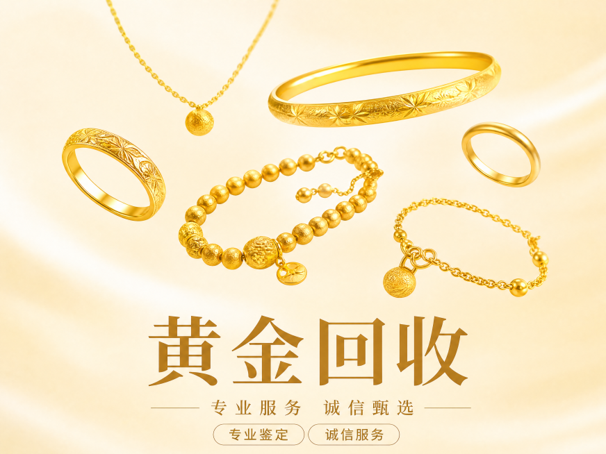 基于参考图生成黄金回收4:3海报，保留主题文案"黄金回收" "专业服务 诚信甄选" "专业鉴定" "诚信服务"，不要出现价格、电话、变现词汇、钻石及钻石标志，采用黄金饰品悬浮构图，饰品错落悬浮在画面中预览效果
