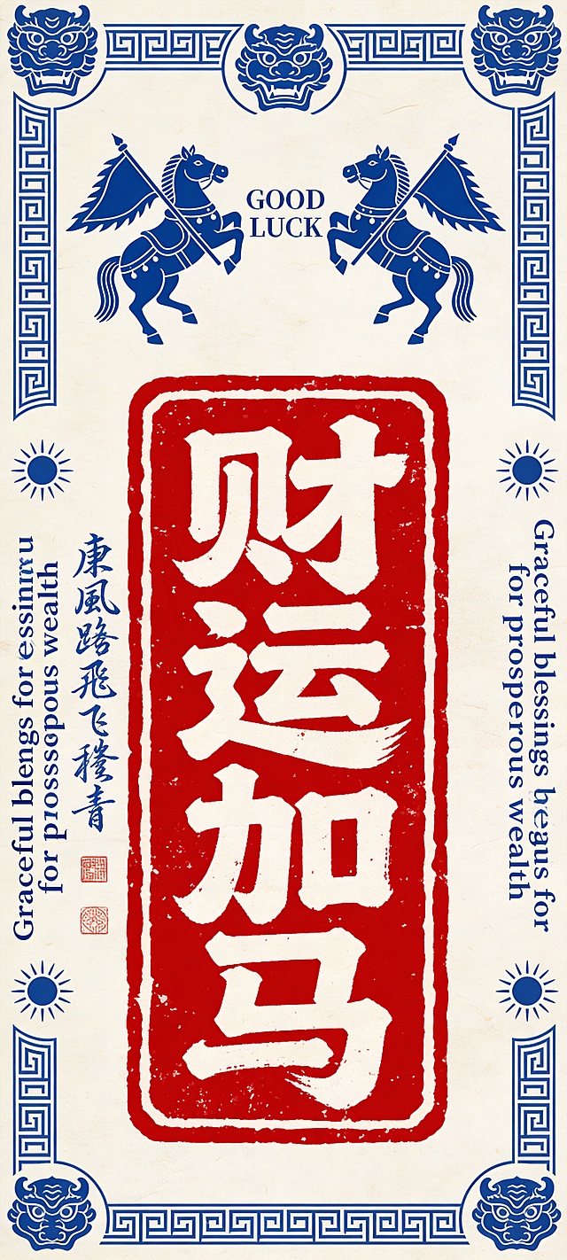 国潮风版画设计，红蓝双色撞色，大字“财运加马”印章式呈现，融合传统纹样与骑马祥瑞，喜庆复古，传递新年好运。