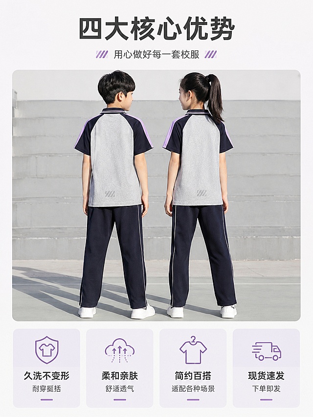 [第3屏] 核心卖点解析页，展示四大核心优势。本屏使用【图1】作为商品主体。
[标题版式]：顶部居中主标题，下方分四格排列卖点，每格配简约小图标，风格统一。
[氛围/风格] 清晰信息层级，卡片式分区设计，简约专业，透气感强。
[元素布局] 顶部主标题，中部展示商品背面全景图占据约50%区域，底部四个等大卖点卡片横向排列；商品结构颜色与原图一致。
[光影质感] 整体均匀布光，商品保留自然投影，卡片清晰不突兀。
[配色色系] 全局底色 #F5F5F5；主色产品配色，辅助色浅紫卡片点缀，深灰文字。
[视角构图] 平面排版，商品居中展示，阅读动线下至上。
[文字版式] 顶部主标题「四大核心优势」，四个卖点卡片分别对应：「久洗不变形」耐穿挺括、「柔和亲肤」舒适透气、「简约百搭」适配各种场景、「现货速发」下单即发；图标+文字组合，文字清晰可读。
[比例分辨率] 3:4 竖版比例，4K 分辨率，文字清晰可辨，高清画质。
[负向提示词] 商品变形，卖点文字重叠，文字模糊，颜色偏差，水印