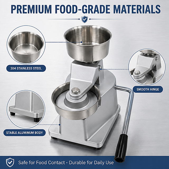 Cross-border e-commerce infographic main image for manual hamburger patty press. Theme: Premium Food-Grade Stainless Steel Material. [Style] Professional industrial commercial photography, clean high-end, Amazon listing style. [Elements] The manual patty maker as main subject, close-up three-quarter view focusing on the stainless steel pressing bowl area. Background is a subtle cool gray gradient with soft brushed metal texture. Three circular magnified detail insets around the main product: top-left shows stainless steel bowl interior with smooth polished surface labeled "304 STAINLESS STEEL"; bottom-left shows aluminum alloy body base with anti-slip feet labeled "STABLE ALUMINUM BODY"; right side shows the lever handle joint with smooth mechanism labeled "SMOOTH HINGE". Keep product appearance (structure, material, color) exactly consistent with input product image, no deformation. Main product occupies about 55% of frame. [Lighting] Soft directional studio light from upper right, creating clean highlights on metal surfaces, subtle shadows for depth. [Color palette] Main color: silver metallic gray; Accent color: steel blue for labels and icons; Background: cool light gray gradient. [Text layout] Top center: large bold title "PREMIUM FOOD-GRADE MATERIALS" in dark steel blue. Each magnified inset has a short label below in white text on dark blue rounded tag. Bottom banner: "Safe for Food Contact · Durable for Daily Use" in smaller text. All text in English, modern sans-serif font, clear and readable. [Composition] Slightly elevated view, product in center with three detail insets arranged around it like a technical diagram. [Negative] No Chinese text, no watermarks, no platform logos, no deformed product, no distorted elements.