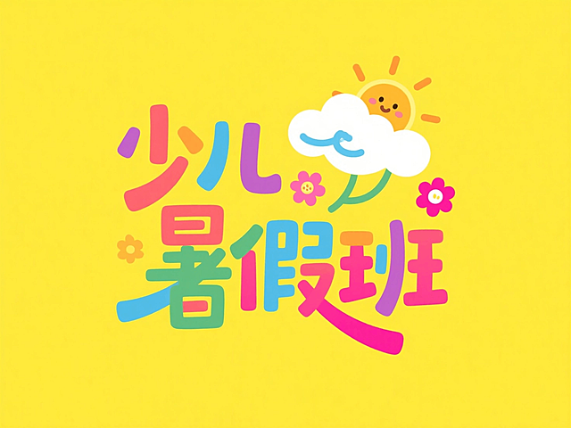 文案“少儿暑假班”。可爱的字体风格，结合小太阳、云朵、小花等小元素，撞色，黄色背景