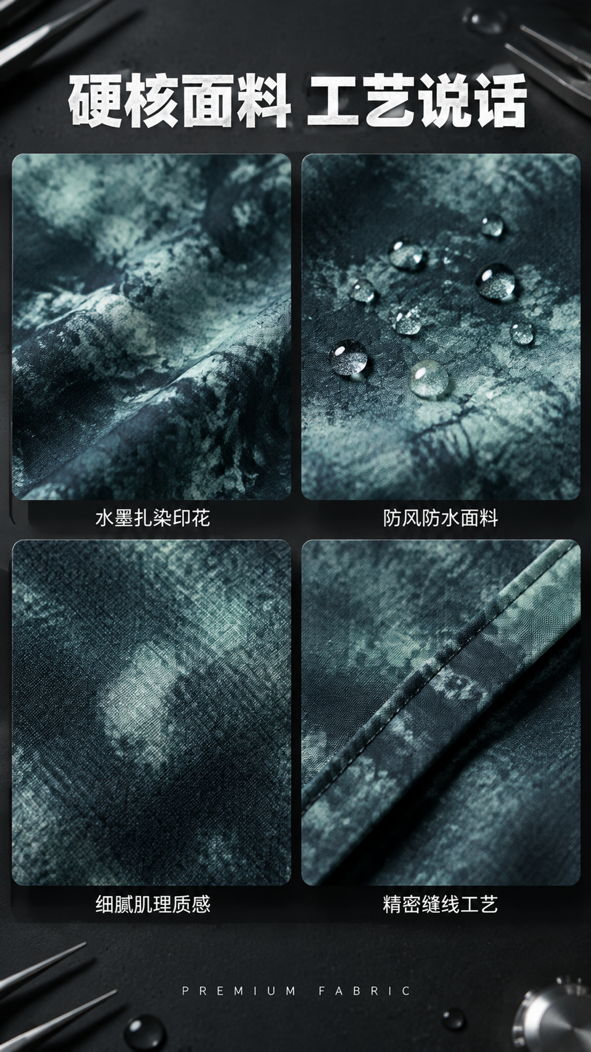 [第4张] 详情页面料工艺-水墨扎染连帽夹克面料与印花细节特写… - 图片创意预览