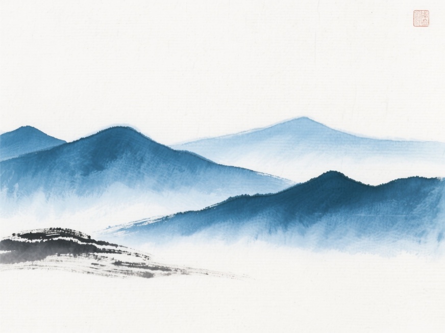 简约手绘风格背景，画面底部以淡墨色勾勒出连绵起伏的远山轮廓，山体采用渐变的深蓝色纹理填充，整体色调改为清新的蓝白配色，背景保留宣纸般的细腻纹理质感，构图保持原有的留白布局，营造宁静悠远的东方意境，无任何文字及标识元素。预览效果