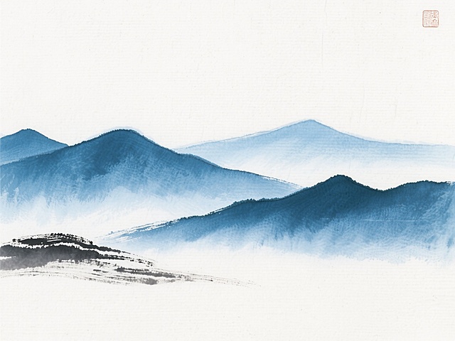 简约手绘风格背景，画面底部以淡墨色勾勒出连绵起伏的远山轮廓，山体采用渐变的深蓝色纹理填充，整体色调改为清新的蓝白配色，背景保留宣纸般的细腻纹理质感，构图保持原有的留白布局，营造宁静悠远的东方意境，无任何文字及标识元素。