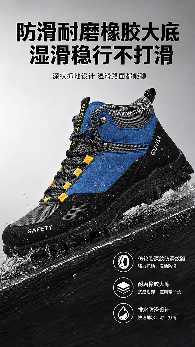 photorealistic product poster of a high-top safety work boot, blue-black-yellow color scheme, side view shot, place the boot from reference image on an inclined wet black platform with dynamic water splashes and clear water droplets, simulating anti-slip test scene, light gray gradient background, minimalist and clean, industrial style high-end texture, soft and layered lighting, sharp details, 8K ultra HD quality, 9:16 vertical composition. At the top of the image, there is bold black main title text: "防滑耐磨橡胶大底 湿滑稳行不打滑", with subtitle text below: "深纹抓地设计 湿滑路面都能稳". At the bottom right corner, there are white icon labels and bullet-point text describing features like "仿轮胎深纹防滑纹路", emphasizing grip performance. No extra clutter, focus on the boot and anti-slip scene, professional e-commerce product photography.