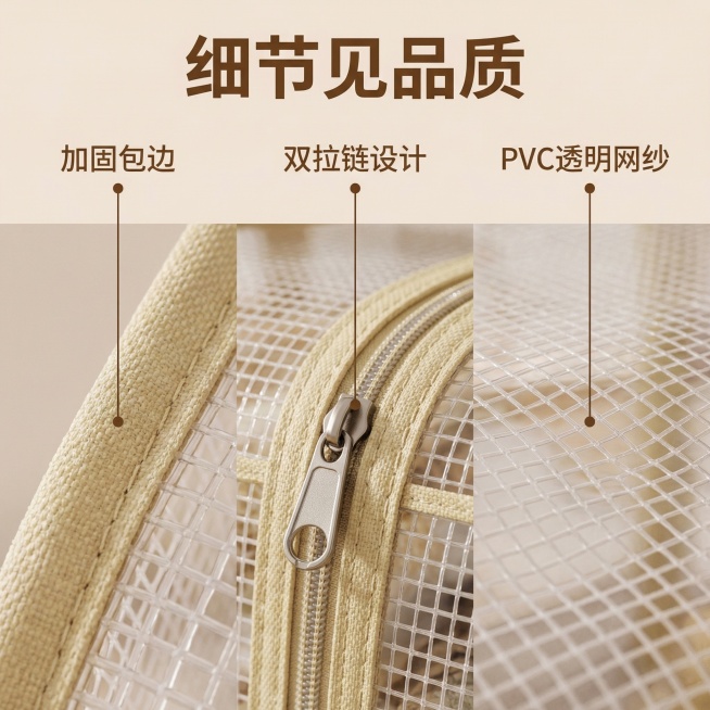 [主图 3]
[主图主题] 细节工艺展示
[氛围/风格] 简约干净，微距质感，突出品质
[画面元素] 特写展示收纳袋的包边、拉链和透明视窗部分，放大展示加固包边走线和双拉链顺滑拉合细节，PVC网格的通预览效果