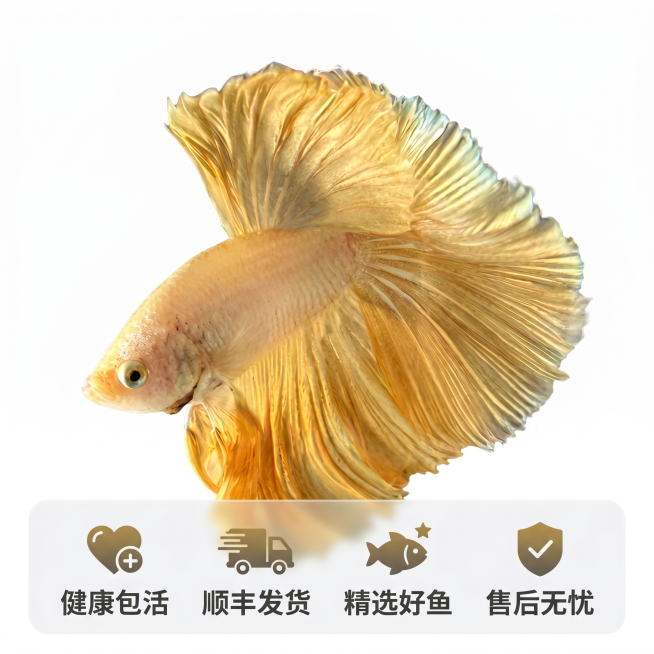 [主图 5] 泰国半月斗鱼服务承诺转化图。
[氛围风格] 干净清晰，值得信赖
[画质] 商业摄影质感，画面清晰干净，超高清
[元素] 主体金色泰国半月斗鱼完整展示在画面中心偏上位置，保持斗鱼颜色形态纹预览效果