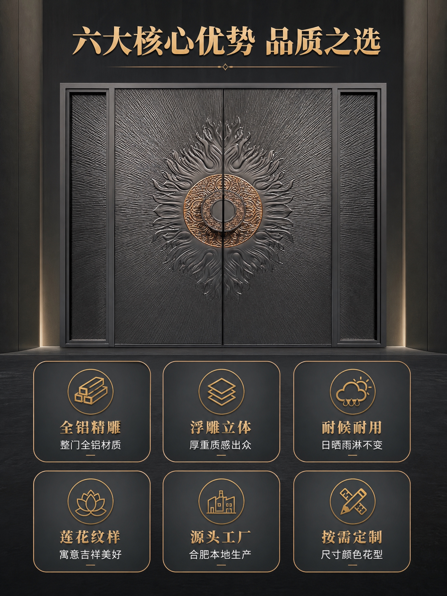 [商品] 使用【图1】臻尚铂门太阳莲花精雕全铝别墅大门；保留深… - 图片创意预览