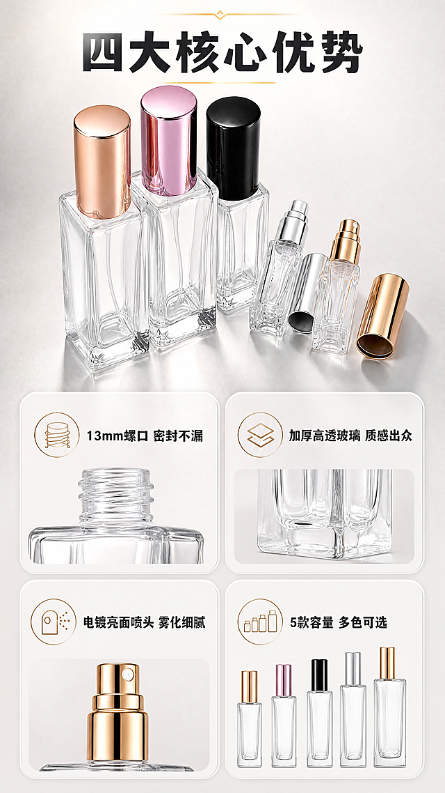 [商品] 使用【图6】多色多容量方形玻璃香水分装瓶组合；保留方形透明玻璃瓶身、电镀圆柱外盖、喷雾泵头，瓶口统一13mm螺口；商品处理：增强玻璃通透与金属反光，统一光影角度，保持比例准确。
[画面] 目标为核心卖点总览页，上下构图，上方产品群像占画面45%，下方4格卖点模块2×2排列，背景为浅灰渐变，阅读动线从上到下。
[视觉] 套系策略：风格=1688工厂批发高级商业摄影风；标题字=粗黑体；正文字=常规黑体；主色=深灰+香槟金；背景延展=基于浅灰做深浅渐变、同色系层次与细腻磨砂/玻璃反光质感；强调色=香槟金，仅用于小面积图标、引线、标签和顶部装饰条；标题色=深炭灰；正文色=中灰；组件=圆角信息卡、细线引线、金色装饰条、图标+文字模块；光影=左前侧柔光，玻璃通透高光，金属盖清晰反射。
[文字] 顶部主标题"四大核心优势"，下方4格分别为"13mm螺口 密封不漏""加厚高透玻璃 质感出众""电镀亮面喷头 雾化细腻""5款容量 多色可选"，每格配对应小图标，文字均为横排。
[规格] 图片比例9:16竖版，4K，避免变形、错字、文字过小、卡口瓶口、分装操作画面、冷蓝背景。