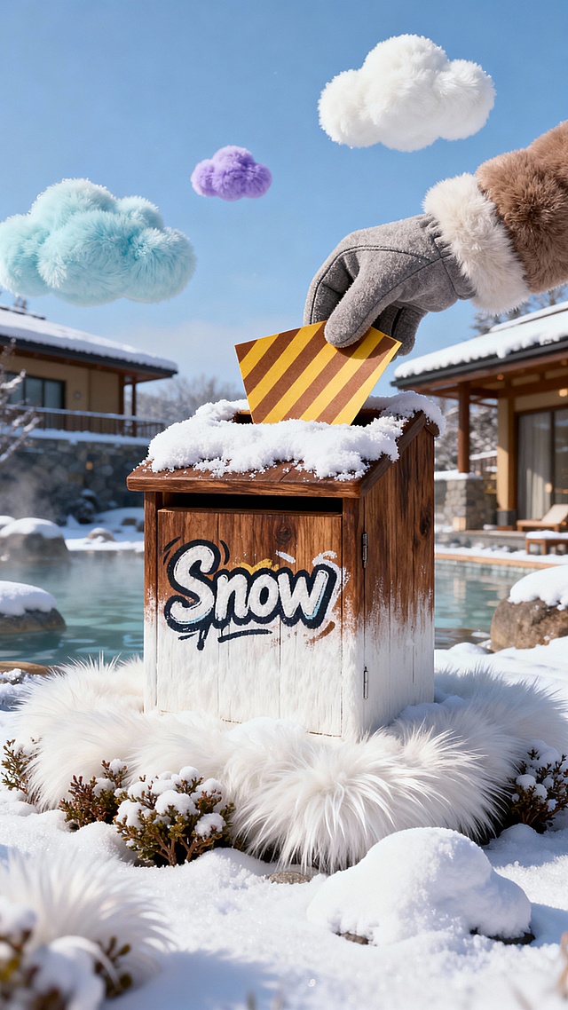 梦幻雪景中，3D卡通风格的木箱上写着“Snow”，毛绒云朵飘浮，手套投递条纹信封，重拟物与毛发生长风交织，营造温馨趣味的冬日童话。