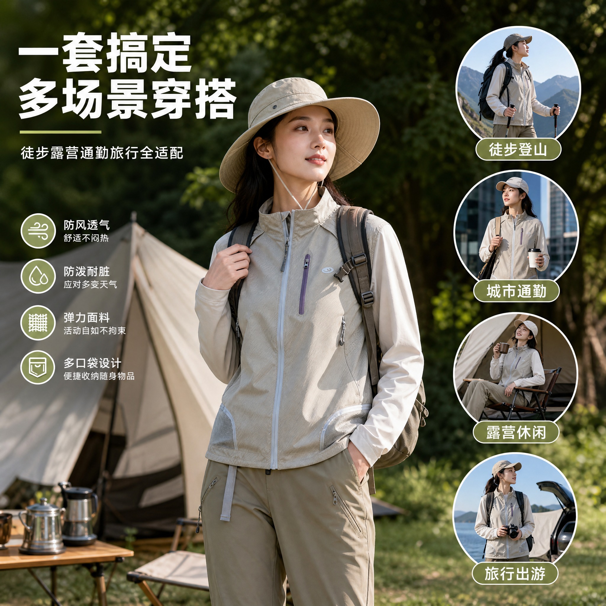 [主图-3] 多场景适用展示图，展示冲锋衣在不同户外场景中的穿… - 图片创意预览