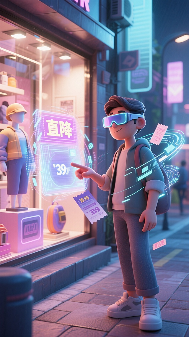 未来感与赛博朋克风交织，卡通3D人物佩戴VR眼镜，置身霓虹灯闪烁的虚拟现实街道，互动式促销界面悬浮眼前，科技感十足。