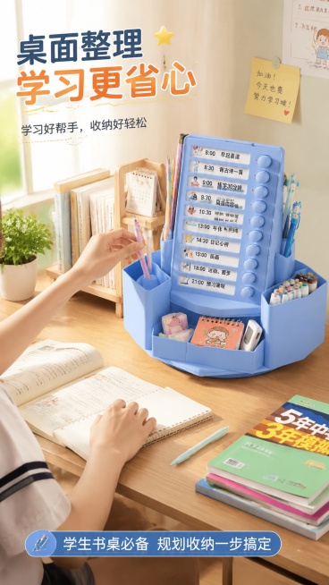 [第6屏] 学生书桌场景展示，真人学生使用旋转收纳桶。本屏使用【图3】蓝色款产品作为主体。
[氛围/风格] 真实学习场景风，温馨明亮，原木书桌搭配学习用品，充满青春活力。
[元素布局] 产品放置在书桌预览效果