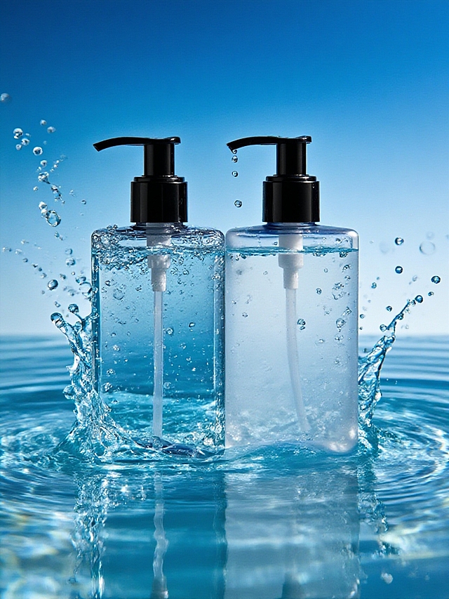 商业摄影。主体放于泳池内，背景为蓝色渐变，周围有飞溅的水珠，营造出冷冽、高级的氛围，高级的光影效果。