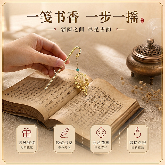 [主图-2] 核心卖点证明，展示书签真实使用场景与阅读氛围感，突出翻阅之间的古韵体验。
[统一基调] 整体风格=国风雅致写实商业摄影；背景主色=浅米金；标题字色=深棕金；辅助字色=暖棕灰；强调色=朱砂红；字体样式=宋体衬线粗体；卡片/边框样式=细金色圆角边框、浅底信息卡。
[画面] 一只手轻捏书签尾部，缓缓插入一本翻开的线装古籍中，书页泛黄有岁月质感；桌面铺浅米色麻布，右侧置一盏古铜小香炉，炉中飘出淡淡轻烟，旁边散落几枝干花；书签与手部位于画面中心，产品占画面45%，45度斜侧视角。
[光影质感] 窗边暖柔自然光从左前侧射入，在书页和桌面形成柔和光影，金属书签有自然高光与反光，整体氛围静谧温暖，产品自然融入场景。
[配色] 主色浅米金，背景为暖调麻布与古籍纸色；强调色朱砂红仅用于小面积装饰；古铜香炉与金色书签形成和谐暖色调。
[文字版式] 画面上方居中放主标题「一笺书香 一步一摇」，下方小字「翻阅之间 尽是古韵」；底部放四个圆角小图标卡，分别是「古风雅致」「轻盈书签」「鹿角花树」「绿松点缀」；文字横排，不遮挡书签与手部。
[输出要求] 1:1正方形800×800px，2K分辨率，文字清晰可读，产品清晰锐利；避免变形、错字、模糊、杂乱、水印、平台Logo、冷蓝背景、手部畸形、产品结构失真。