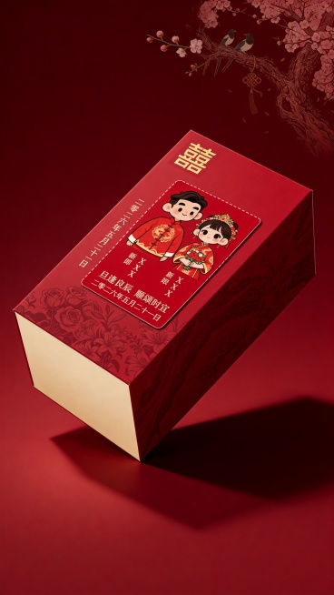 保留图一中红色茶叶盒子的主体和其他设计内容，只在盒子表面虚线处插入图二中的新人卡片效果图，保持盒子原有的透视角度和光影效果，背景为高级深红色，大师构图，高级打光，凸显产品，生成尺寸比例9:16，4k分预览效果