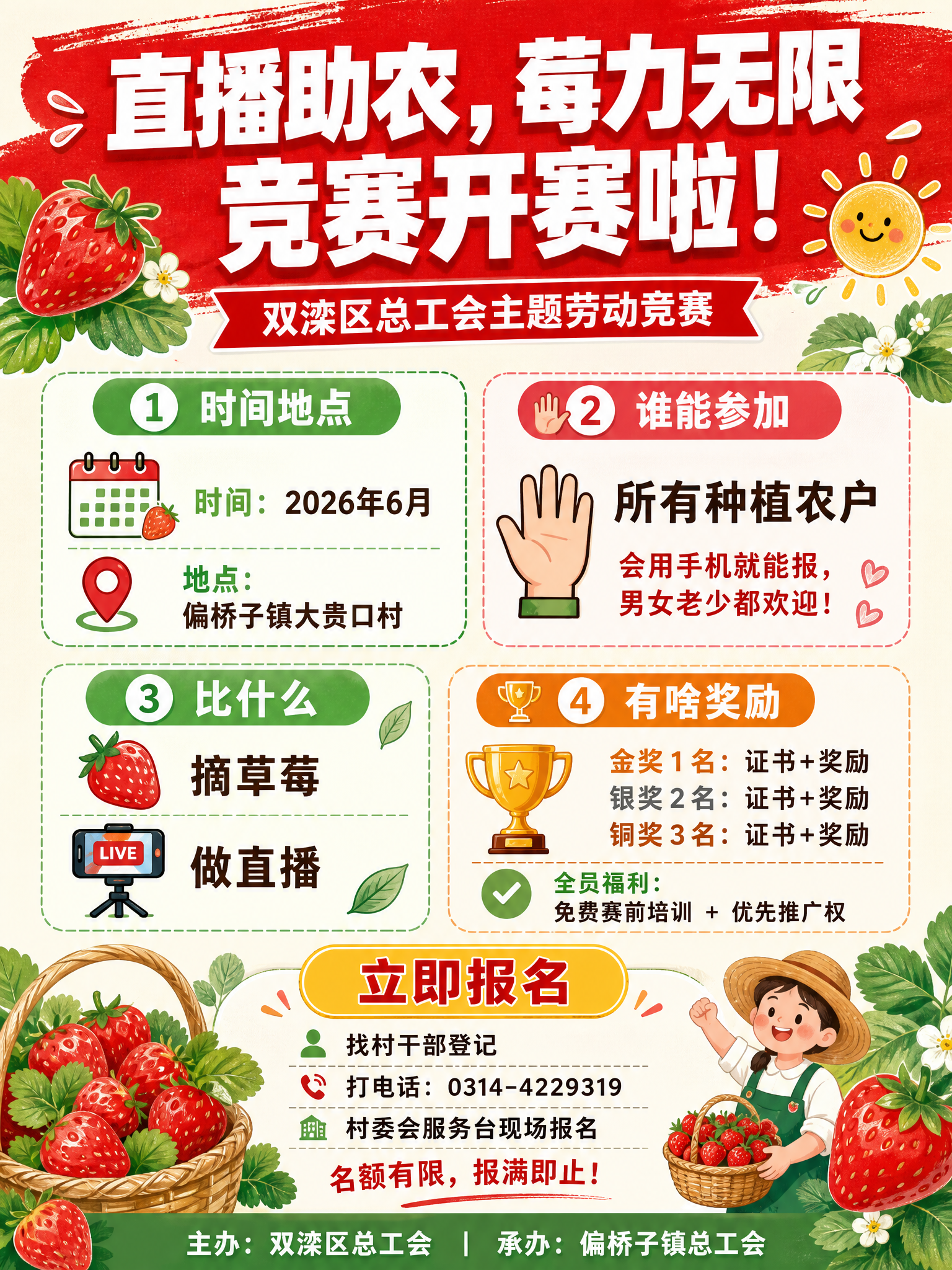 一张竖版3:4宣传单正面，乡村助农草莓主题活动海报，清新活泼风… - 图片创意预览