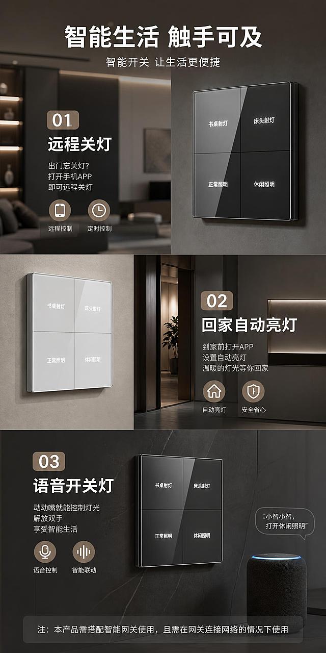 智能开关功能介绍长图，所有文案、排版、布局完全不变。三个功能模块的开关产品全部替换为四键玻璃面板智能开关（四格布局，分别是书桌射灯、床头射灯、正常照明、休闲照明，白色发光文字，玻璃面板质感高级，有玻璃反光效果）。第一个模块远程关灯：深灰色开关换成深灰色玻璃四键开关；第二个模块回家自动亮灯：白色开关换成白色玻璃四键开关；第三个模块语音开关灯：深灰色两开换成深灰色玻璃四键开关。背景更换为更高级合适的现代智能家居场景背景，整体色调统一高端，突出产品的玻璃质感。底部说明文字保持不变