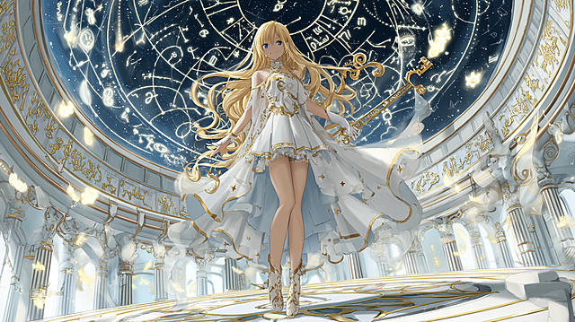 Full-body portrait of Lucy Heartfilia from Fairy Tail, long wavy blonde hair, wearing a celestial-themed white and gold dress with star patterns, holding a Celestial Spirit Gate Key, standing in a magical observatory filled with floating constellations and glowing runes, elegant pose, fantasy anime illustration, soft luminous lighting, intricate details, --ar 2:3 --v 6 --style raw --s 700