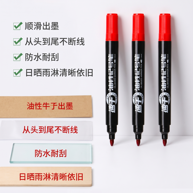 [主图-2] 油性记号笔核心性能卖点展示图
[氛围风格] 专业清晰功能展示风，简洁可信
[画质] 商业摄影质感，光线柔和通透，产品清晰真实，画面干净高级
[元素] 保持油性记号笔外观（物理结构、材质质预览效果