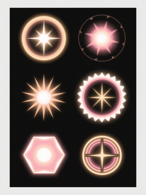 扁平插画风格，纯黑背景，六个具有高度统一视觉风格的数字艺术光效元素集合，每个元素均保留核心的圆形光晕结构、明亮的中心光点、向外辐射的锐利星芒以及彩色（浅金、浅粉、白）的边缘色散效果，整体呈现出强烈的科技感与未来感，光影对比鲜明，细节丰富。第一个元素为标准正圆形光晕配十字星芒，第二个是略微椭圆的光晕配放射状不规则星芒，第三个是中心光点偏移的不对称光晕配多束长短不一的星芒，第四个是光晕边缘带有细微……预览效果