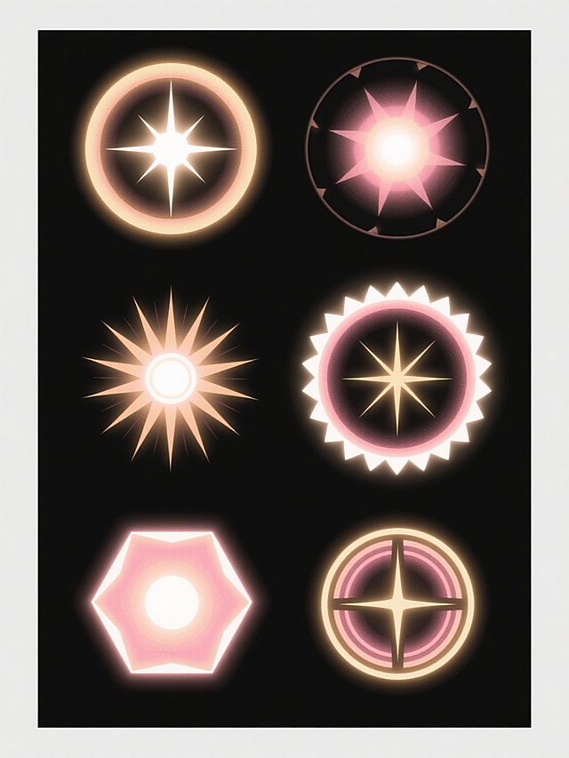 扁平插画风格，纯黑背景，六个具有高度统一视觉风格的数字艺术光效元素集合，每个元素均保留核心的圆形光晕结构、明亮的中心光点、向外辐射的锐利星芒以及彩色（浅金、浅粉、白）的边缘色散效果，整体呈现出强烈的科技感与未来感，光影对比鲜明，细节丰富。第一个元素为标准正圆形光晕配十字星芒，第二个是略微椭圆的光晕配放射状不规则星芒，第三个是中心光点偏移的不对称光晕配多束长短不一的星芒，第四个是光晕边缘带有细微锯齿纹理的圆形配米字形星芒，第五个是中心光点呈六边形的光晕配向外渐细的星芒，第六个是光晕内部带有同心圆纹理的圆形配十字交叉但末端分叉的星芒。所有元素采用相同的金粉色调为主的配色方案，以规整的2x3网格形式排布在纯黑背景上，元素间间距均匀，整体构图平衡且具有强烈的系列感和设计感。