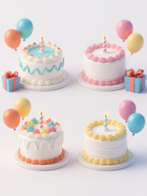 四个3D风格的生日蛋糕，每个蛋糕外观、样式和配色各不相同，均有白色奶油质地的蛋糕主体，表面装饰有不同颜色的奶油花纹，周围搭配不同颜色和大小的气球、蜡烛以及带有蝴蝶结的礼物盒，所有元素排列整齐，置于纯白色背景上，整体呈现出光滑细腻的3D材质感和明亮欢快的氛围。预览效果