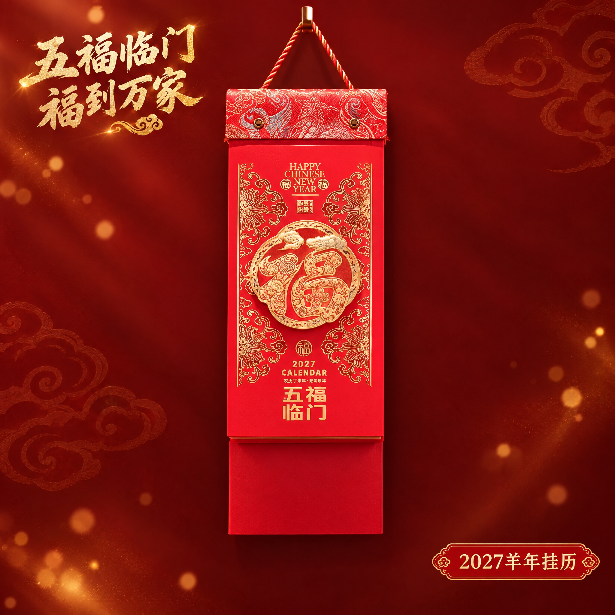 五福临门款挂历单独展示，淘宝主图规格高清图。产品居中悬挂展示，… - 图片创意预览