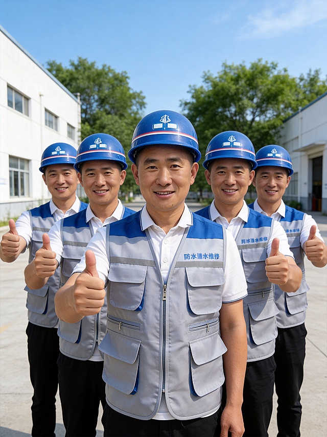 参考图中保留人物脸型、发型、年龄等特征生成防水维修团队形象，集体合影局部风格，标准焦段50mm,f/4光圈(f/2.8-f/4区间),平视视角(镜头与人物视线齐平);人物占画面70%,人物居中(居中构图),位于画面中心,为视觉聚焦点,入境范围头部及以下至臀部下方10cm(半身像);左右留少量背景空间;头部与画面顶部保留5%空间;头部发型完整,头肩比例协调,人物结构准确;发质微微柔顺，微微蓬松。身穿统一蓝灰拼色反光安全背心，蓝色安全帽，内搭白色高支棉衬衫;下装黑色长裤;团队统一着装，专业整齐，身形匀称，姿态端正，身体挺拔。所有维修师傅一起竖起大拇指，对着镜头自信微笑，团队气势强。干净的公司院内背景，绿树蓝天背景，自然户外光线，积极专业氛围。32k画质超高分辨率、细节清晰，明亮团队合影风格；肤质精细化处理；眼神直视镜头，自信微笑。健康清透哑光肌,每个人肤色均匀白皙,细腻平滑,保留真实毛孔纹理,自然提亮｡自然光均匀柔和，4800K自然光,面部光比1:1.5。中近景写实摄影,对焦清晰,面部雾面柔光,轻透裸肌感,高清保留皮肤细节｡分辨率4K。只保留参考图人物主体清晰完整，严格按照图片内容生成。画面比例3:4