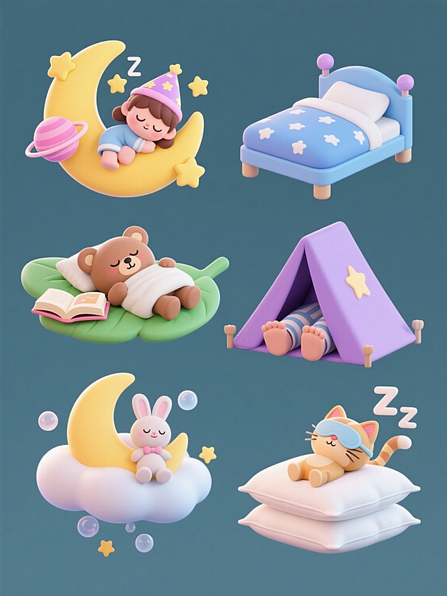 6个不同睡眠主题元素的3D卡通风格图标集合，保持统一的C4D渲染质感、圆润可爱造型和纯色背景，元素包括：1.戴着星星睡帽的小女孩蜷缩在黄色弯月上睡觉，周围有粉色星球和黄色星星；2.蓝色小床上铺着云朵图案的被子，枕头旁放着一本翻开的童话书；3.闭着眼睛的卡通小熊抱着枕头趴在绿色树叶形状的睡垫上；4.紫色帐篷内露出一双穿着条纹睡衣的脚，帐篷顶部有星星图案；5.漂浮的云朵上躺着一个抱着月亮玩偶的小兔子，周围有气泡和星星；6.白色枕头堆叠在一起，上面睡着一只戴着眼罩的小猫，旁边有睡眠符号Zzz，所有元素规整排列，保持相同的柔和光影、渐变色彩和可爱氛围。
