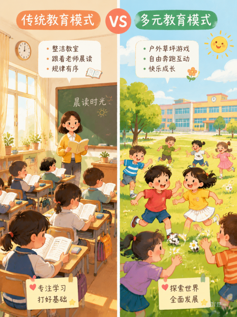童趣手绘插画，不同教育模式上午校园场景对比，左图：一群小学生坐在整洁大教室，跟着老师晨读，阳光洒进窗台；右图：一群小学生在校园户外草坪玩游戏，自由奔跑互动，左右分栏，暖色调，活泼可爱，适合小红书分享预览效果
