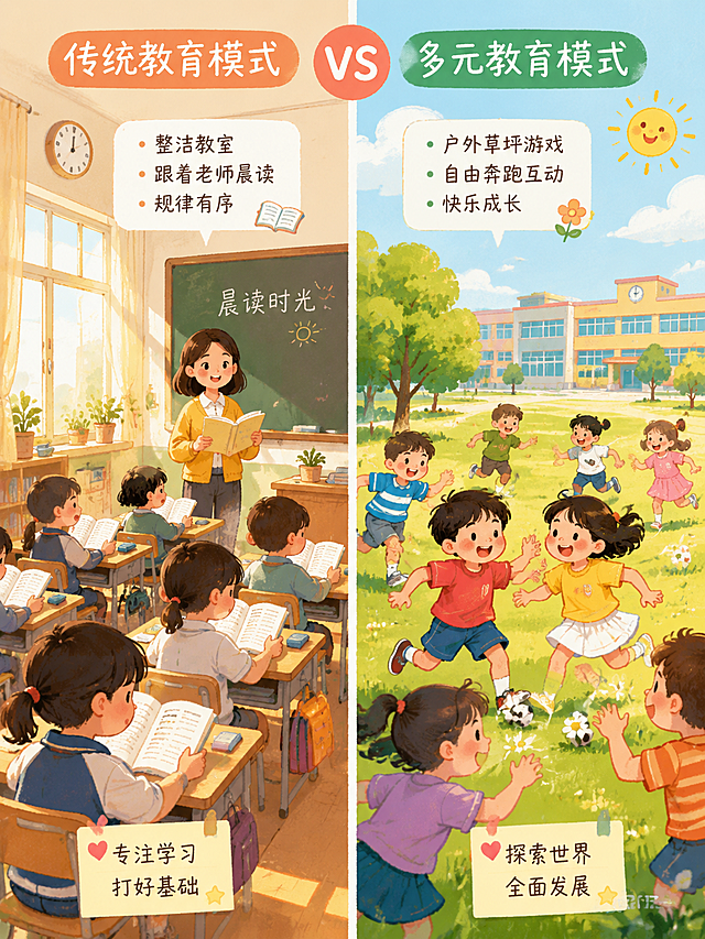 童趣手绘插画，不同教育模式上午校园场景对比，左图：一群小学生坐在整洁大教室，跟着老师晨读，阳光洒进窗台；右图：一群小学生在校园户外草坪玩游戏，自由奔跑互动，左右分栏，暖色调，活泼可爱，适合小红书分享