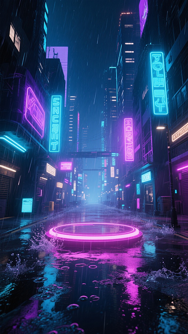 赛博朋克风格游戏场景，夜晚时分，滂沱大雨从天而降，雨滴在湿漉漉的街道上溅起层层涟漪，霓虹灯招牌发出明亮的蓝紫色光芒，将整个场景映照得绚丽多彩，高楼大厦鳞次栉比，街道中央有一个圆形的发光平台，散发着粉色的光晕，整个画面充满了未来感和科技感，氛围神秘而迷人。