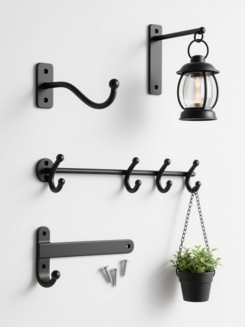 白色纯色背景下，4个完全不同造型的黑色金属挂钩元素系列素材集合规整排布，保持原图写实产品摄影风格，金属材质质感强烈，高光与阴影细节清晰，每个挂钩均有安装孔设计。第一个挂钩为简约长条形底座单弯勾设计，第二个是带延伸横杆的双弯勾挂钩，第三个是顶端带圆环可悬挂小型灯笼的直角挂钩，第四个为带链条连接的多股悬挂式挂钩，每个挂钩旁搭配对应安装螺丝配件，部分挂钩悬挂着绿色植物盆栽和装饰灯笼，整体构图平衡对称……预览效果