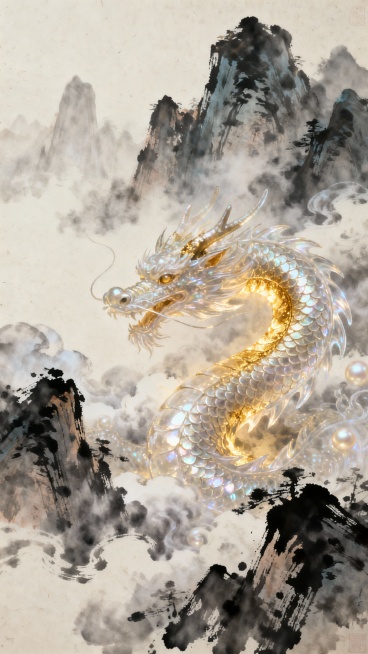A majestic Chinese dragon coiling through misty mountain peaks, blending with splashed ink painting预览效果
