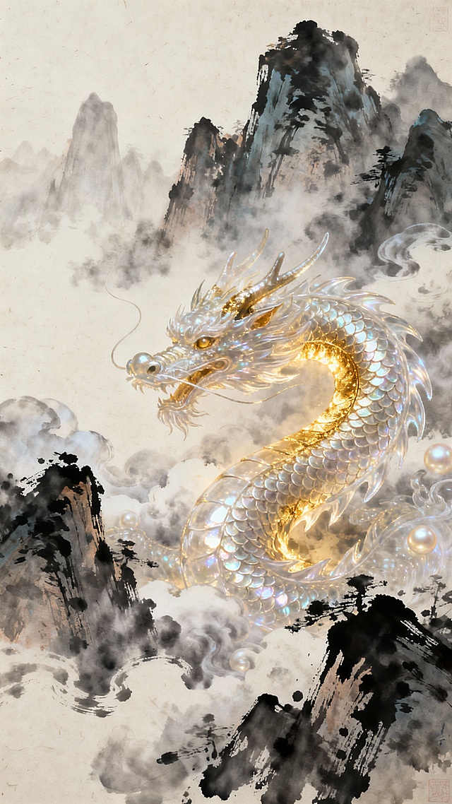 水墨风与玻璃风交融，透明龙身透出鎏金光芒，穿梭于云雾缭绕的古典山峦间，光影流转，梦幻清透，尽显神圣优雅的东方意境。