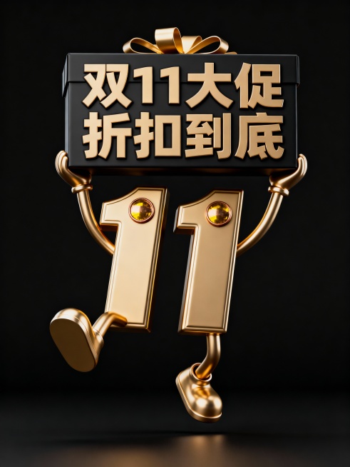 3D 风格，膨胀风格的“11”，拟人化图标，两个铜钱眼带金黄反光，双手举着数码产品礼盒，盒子上写着 “双11大促 折扣到底”，整体元素跳起来；膨胀质感为哑光金属，金 + 黑促销配色，纯黑色背景预览效果