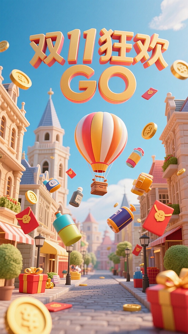 上方文字 “双11狂欢 GO”。中间是古典风格的欧洲建筑街景，有奇特造型的建筑、热气球等元素。画面中心悬浮着各类日用商品，作为主要视觉中心。周围点缀金币、红包、礼盒等，色彩鲜艳