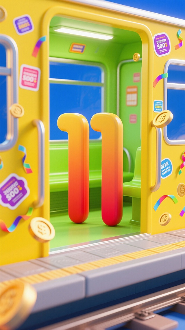 立体数字“11”（红橙渐变）立在荧光绿的车厢里的特写，车厢壁贴满写着促销信息的潮流贴纸，彩带和金币漂浮，视角为从黄色站台看向打开的车厢门，整体呈现黄色调+多彩的撞色配色方案，蓝色背景，促销氛围，辉光