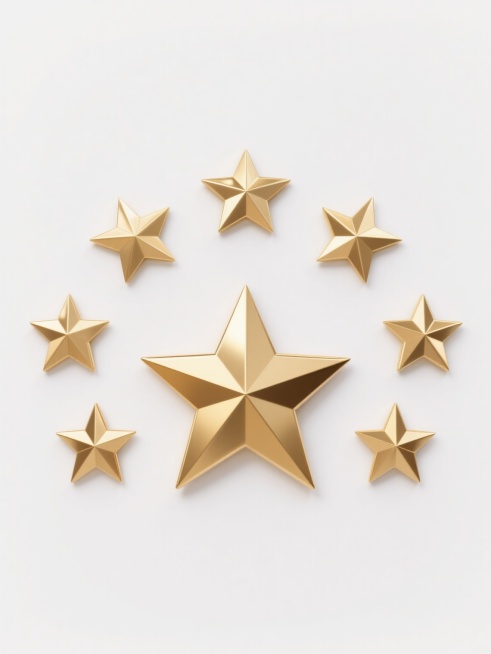 五个金色五角星，中央为一颗较大的五角星，左右两侧各有两颗较小的五角星对称分布，形成弧形排列。所有五角星均具有金属质感，表面有明显的棱角和高光反射，呈现出立体感。背景为纯白色，干净简洁，没有其他元素干扰。整体设计符合现实逻辑，适用于作为背景素材使用，风格简约大气。预览效果
