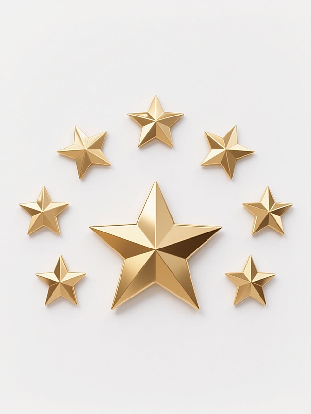 五个金色五角星，中央为一颗较大的五角星，左右两侧各有两颗较小的五角星对称分布，形成弧形排列。所有五角星均具有金属质感，表面有明显的棱角和高光反射，呈现出立体感。背景为纯白色，干净简洁，没有其他元素干扰。整体设计符合现实逻辑，适用于作为背景素材使用，风格简约大气。