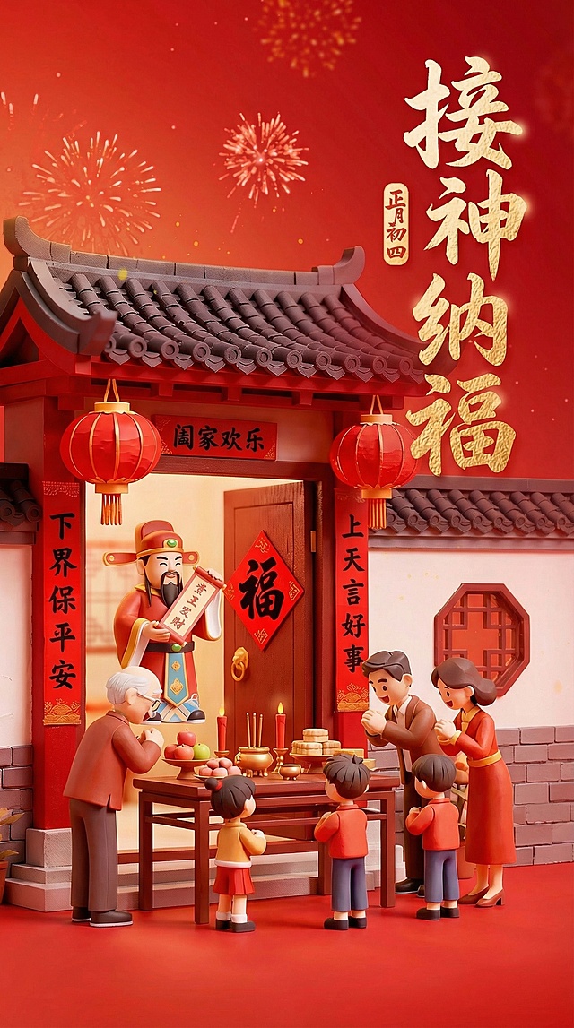 参考这张图片的风格样式及文字布局，文字样式风格以及位置都严格和参考图保持一致，按照中国传统民俗，制作除夕到初七的新春民俗套图，共八张