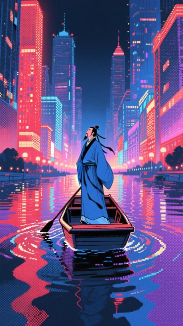 李白乘舟，两岸是现代城市灯光秀，光影绚烂，倒映水中，诗人陶醉表情，梦幻旅行预览效果