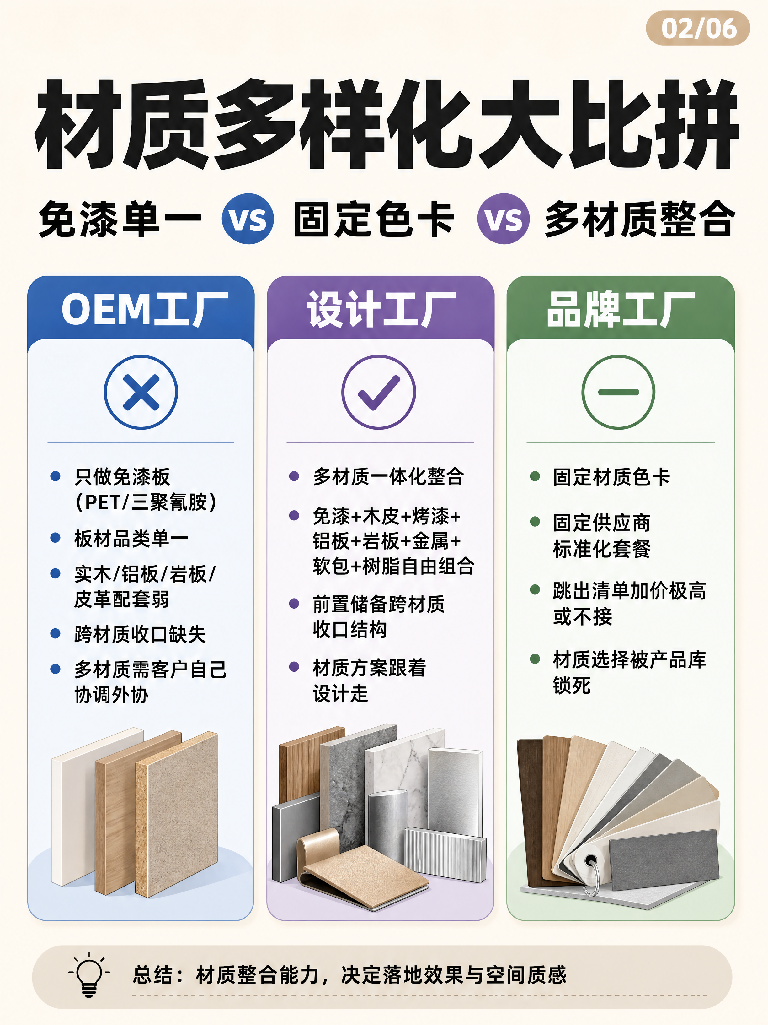 小红书笔记封面，高端全屋定制三方对比系列第2张，材质对比篇，三… - 图片创意预览