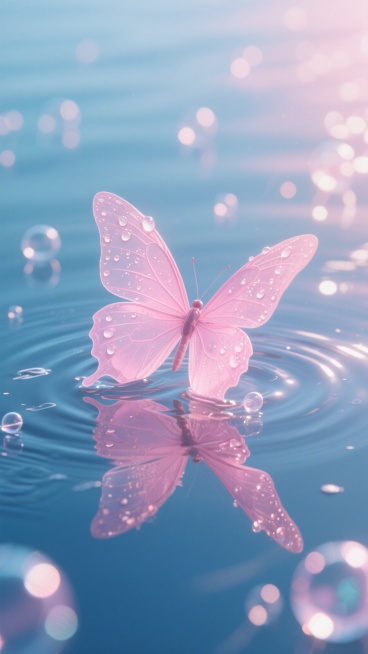 一只半透明的粉色蝴蝶停在水面上，翅膀上有晶莹的水珠，水面倒映着蝴蝶的影子，周围有许多透明的气泡和光斑，整体色调为粉蓝色，营造出梦幻、浪漫的氛围，3D渲染，超高清，细节丰富，光影效果柔和。预览效果